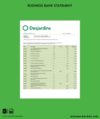Desjardins Banka corporate checking account Hesap Özeti Word and PDF Şablon
