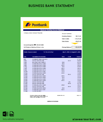 Deutsche Banka corporate checking account Hesap Özeti Word and PDF Şablon