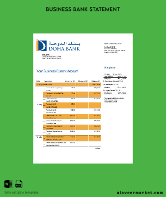 Doha Banka organization checking account Hesap Özeti Word and PDF Şablon