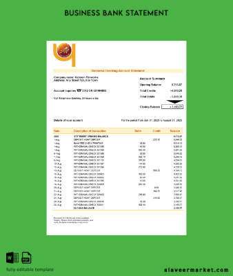 Druk PNB Banka firm account Hesap Özeti Word and PDF Şablon
