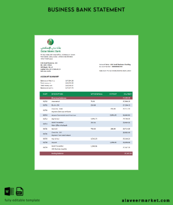 Dubai Islamic Banka enterprise Hesap Özeti Word and PDF Şablon