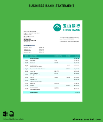 E.SUN Commercial Banka İşletme Hesap Özeti Word and PDF Şablon