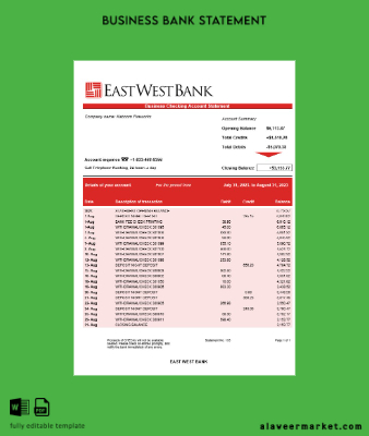 East West Banka firm account Hesap Özeti Word and PDF Şablon