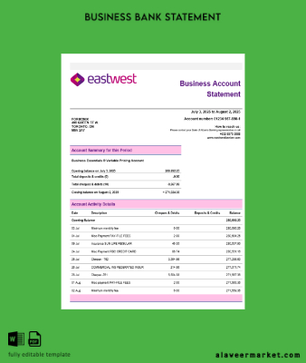 EastWest İşletme firm account Hesap Özeti Word snd PDF format