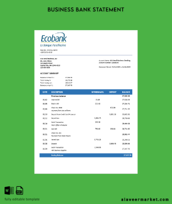 Banka enterprise Hesap Özeti Word and PDF format