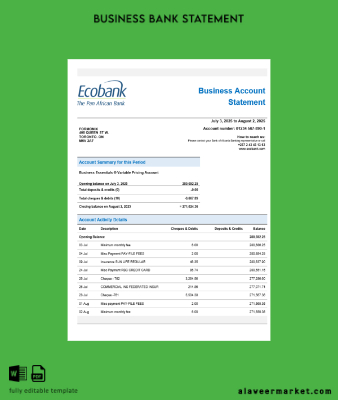 Banka organization checking account Hesap Özeti Word and PDF format