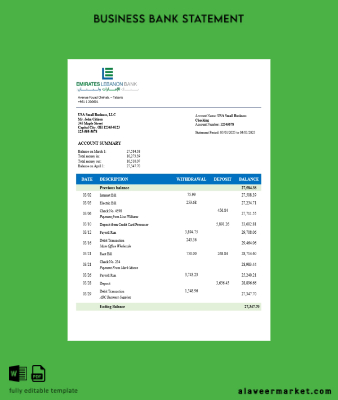 Emirates Lebanese organization checking account Hesap Özeti Word and PDF Şablon (1)
