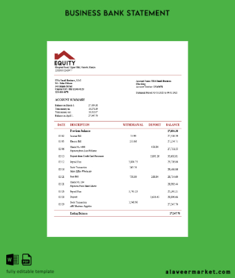Equity Banka İşletme firm account Hesap Özeti Word snd PDF format