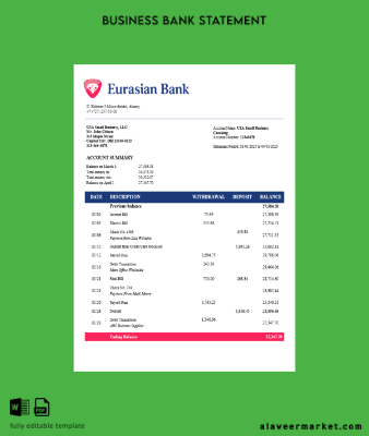 Eurasian Banka İşletme Banka Hesap Özeti Word and PDF format