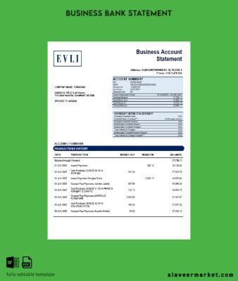 Evli Banka PLC enterprise account Hesap Özeti Word and PDF Şablon