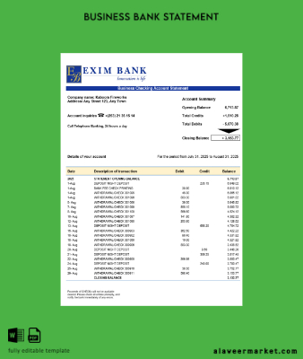 Exim Banka İşletme account Hesap Özeti Word and PDF Şablon