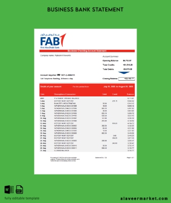 FAB Banka Şirket Hesap Özeti Word and PDF Şablon
