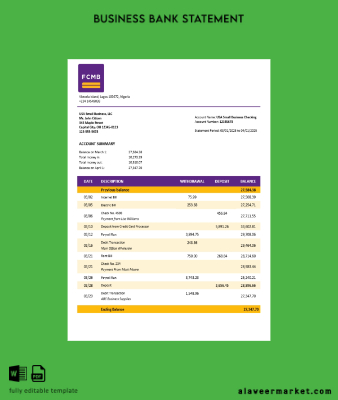 FCMB organization checking account Hesap Özeti Word and PDF Şablon (1)