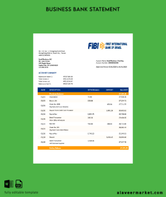 FIBI Banka enterprise account Hesap Özeti Word and PDF templat