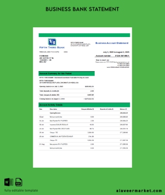 Fifth Third Banka İşletme Banka Hesap Özeti Word and PDF Şablon