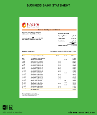 Fincare İşletme firm account Banka Hesap Özeti Word and PDF format