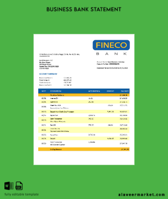 Banka Şirket account Hesap Özeti Word and PDF Şablon