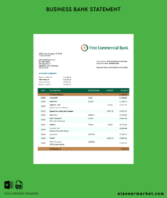 First Commercial Banka Şirket Hesap Özeti Word and PDF Şablon