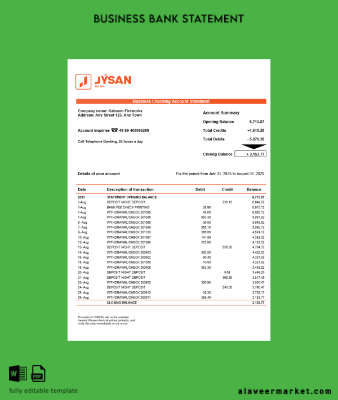 First Heartland Jusan Banka Şirket Hesap Özeti Word and PDF format