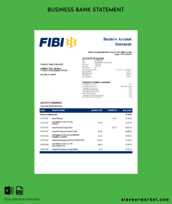 First International Banka of İsrail Şirket checking account Hesap Özeti Word and PDF Şablon