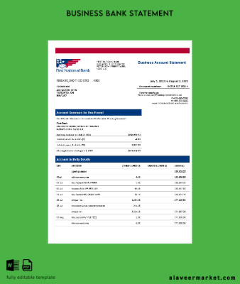First National Banka firm Hesap Özeti Word and PDF Şablon