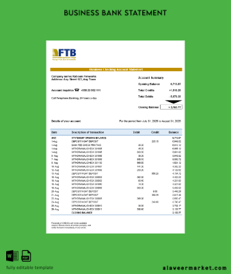 Foreign Trade Banka of Cambodian İşletme Banka Hesap Özeti Word and PDF format