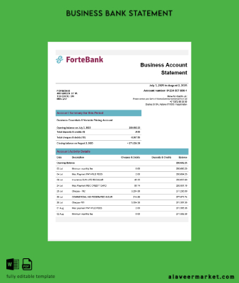 Forte Banka firm account Hesap Özeti Word and PDF Şablon