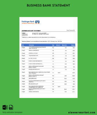 Freisinger Banka account İşletme Hesap Özeti Word and PDF format