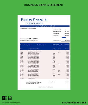 Fulton Financial Corporation enterprise account Hesap Özeti Word and PDF Şablon