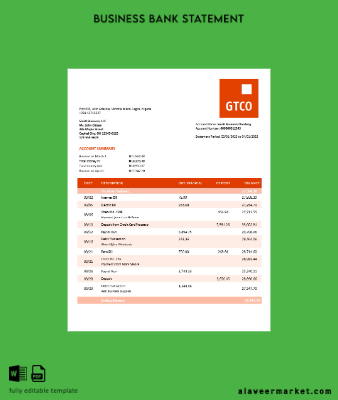 GT Banka organization checking account Hesap Özeti Word and PDF Şablon
