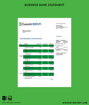 Garanti BBVA Banka enterprise Hesap Özeti Word and PDF Şablon