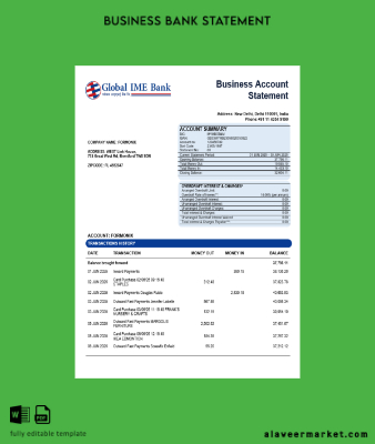 Global Ime Şirket checking account Hesap Özeti Word and PDF Şablon