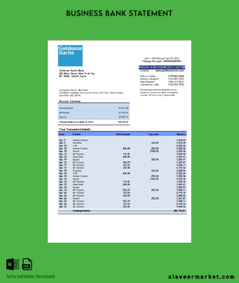 Goldman Sachs Banka organization account Hesap Özeti Word and PDF Şablon