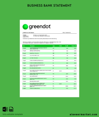 Green Dot Banka İşletme checking account Hesap Özeti Word and PDF Şablon
