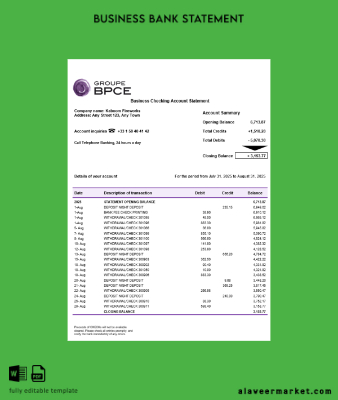 Groupe BPCE Banka account İşletme Hesap Özeti Word and PDF format