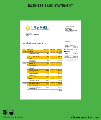 Guangzhou Rural Commercial Banka Şirket Hesap Özeti Word and PDF Şablon