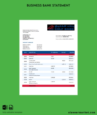 Gulf Banka Şirket account Hesap Özeti Word and PDF Şablon