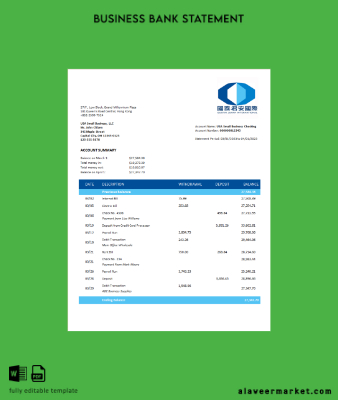 Guotai Junan Securities Banka corporate checking account Hesap Özeti Word and PDF Şablon