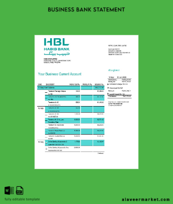 HBL Banka firm account Hesap Özeti Word and PDF Şablon