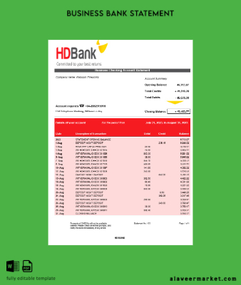 HD Banka Şirket account Hesap Özeti Word and PDF Şablon