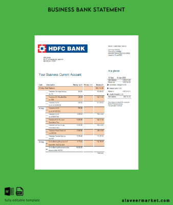 HDFC Banka firm account Hesap Özeti Word and PDF Şablon