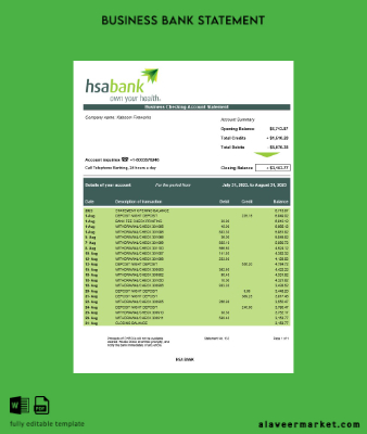 HSA Banka enterprise account Hesap Özeti Word and PDF Şablon