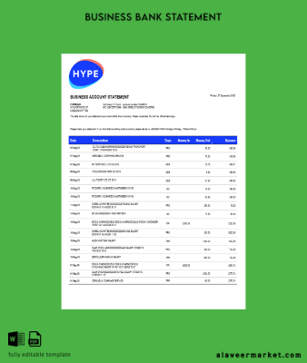 HYPE SPA Banka Şirket checking account Hesap Özeti Word and PDF Şablon