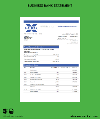 Halifax Banka organization Hesap Özeti Word and PDF Şablon