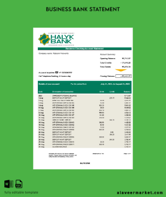 Halyk Banka organization account Hesap Özeti Word and PDF Şablon