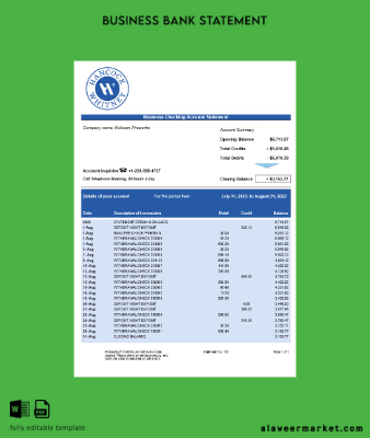 Hancock Whitney Banka İşletme checking account Hesap Özeti Word and PDF Şablon