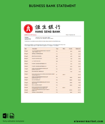 Hang Seng Banka corporate checking account Hesap Özeti Word and PDF Şablon