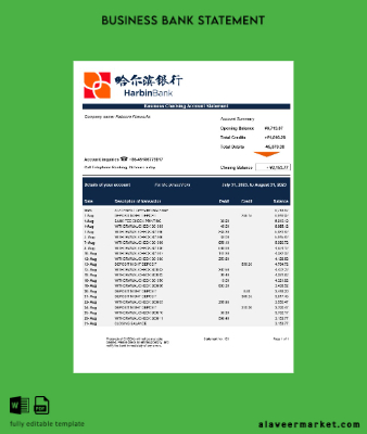 Harbin Banka enterprise Hesap Özeti Word and PDF Şablon