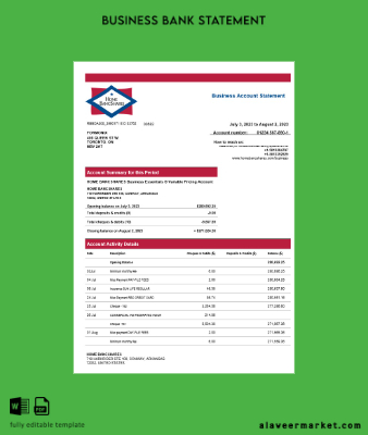 Home Bancshares Banka firm account Hesap Özeti Word and PDF Şablon