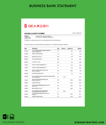 Hong Kong BEA İşletme Banka Hesap Özeti Word and PDF format